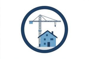 Modern construction company logo featuring a house silhouette and crane in blue and gray tones, symbolizing trust and quality photo