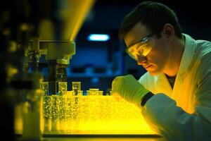 Male scientist analyzing yellow liquid in laboratory environment focused on scientific research and experimentation photo