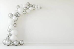 Elegant minimalistic white and silver balloon arch decorates a clean room for a stylish celebration setup photo