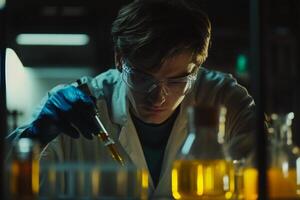 Male scientist conducting research on yellow liquid in a laboratory with an industrial background photo