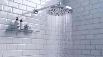Modern minimalist shower setup featuring stainless steel shower head and neutral toiletries in a clean bathroom photo