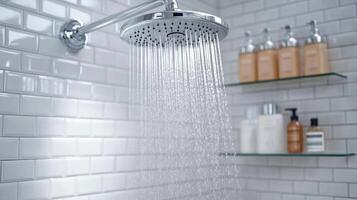Modern minimalist shower setup features stainless steel head and neutral palette toiletries in a bright bathroom photo