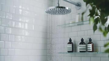 Modern minimalist bathroom with a sleek stainless steel shower head and flowing water against white tiled walls photo