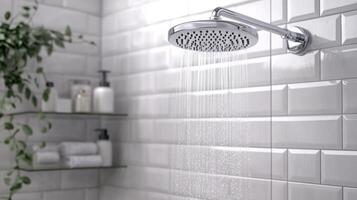 Modern minimalist bathroom with a sleek shower head and neatly arranged toiletries in a fresh, inviting atmosphere photo