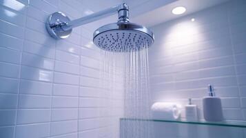 Sleek modern shower in a minimalist bathroom with running water and neatly arranged toiletries during soft lighting photo