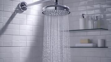 Modern minimalist shower setup with sleek stainless steel head and white tiled walls in a tranquil bathroom photo