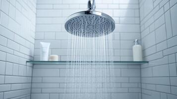 Modern minimalist shower setup with sleek stainless steel shower head and fresh atmosphere in a bright bathroom photo