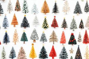 Colorful seamless pattern of Christmas trees in varied styles on a white background perfect for festive decor photo