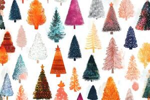 A vibrant seamless pattern of colorful Christmas trees in various styles on a bright white background, perfect for festive designs photo
