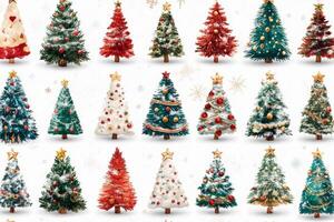 Colorful seamless pattern featuring various festive Christmas trees on a bright white background, perfect for holiday-themed designs and decorations photo