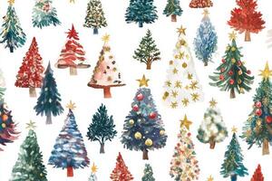 A whimsical seamless pattern featuring colorful Christmas trees on a white background, perfect for festive decorations and holiday cheer photo