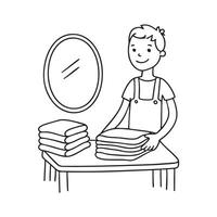 A tailor folding and stacks finished clothes on table near a mirror vector