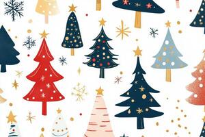 Colorful seamless pattern of playful Christmas trees on a white background perfect for festive designs and holiday decor photo
