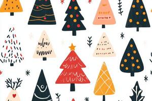 Colorful seamless pattern featuring festive Christmas trees on a white background, perfect for holiday-themed designs and decorations photo