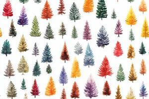 Colorful seamless pattern featuring festive Christmas trees of different styles and colors on a bright white background photo