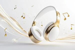 Elegant white and gold headphones surrounded by floating music notes against a light background, creating a modern audio experience photo