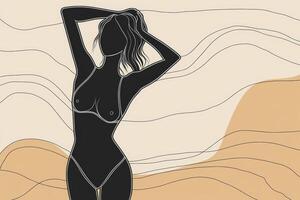 Elegant swimsuit silhouette depicted with thin lines against a soft, abstract beach background during a sunny day photo
