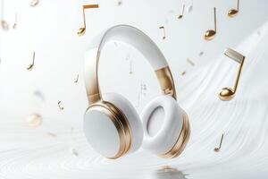 Stylish white and gold headphones with floating music notes create an elegant atmosphere in a modern design setting photo