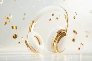 Elegant white and gold headphones surrounded by floating music notes in a light background, showcasing modern design and style photo