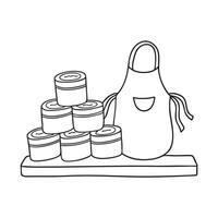A stack tins and cans lying beside an apron vector