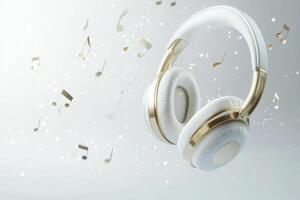 Elegant white and gold headphones surrounded by floating music notes in a modern light setting photo
