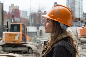 Woman in hard hat observes construction site with heavy equipment and buildings in the background during a workday photo
