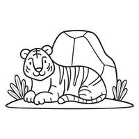 A tiger curled in front a large boulder in the field vector