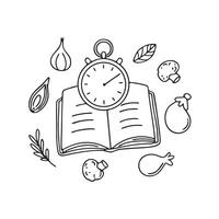 A timer placed near an open recipe book surrounding ingredients vector