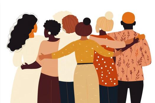A diverse group of people embracing each other in a warm and supportive moment against a light backdrop photo
