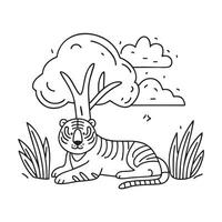 A tiger lying beside a tree trunk vector
