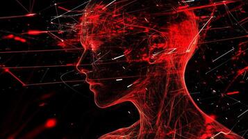 Abstract digital art depicting a human figure with glowing red lines in a futuristic cyber theme emphasizing a technological essence photo