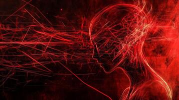 Futuristic abstract art featuring a human figure illuminated by glowing red lines in a cybernetic landscape at dusk photo