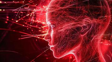 An abstract human figure emerges with radiant red lines, showcasing a blend of technology and artistry photo