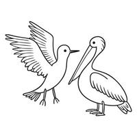 A tern flapping wings beside a resting pelican vector