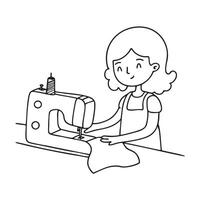 A tailor stitching beside a sewing machine in a small workshop vector