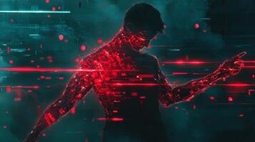 A futuristic digital representation of a human figure highlighted by glowing red lines against a cyber-inspired backdrop photo