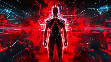 Futuristic human figure illuminated by glowing red lines in a cybernetic landscape with dynamic energy patterns photo