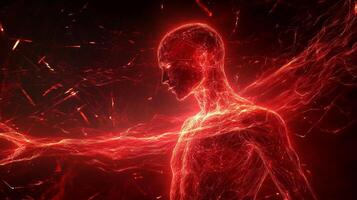 Futuristic cyber-themed art featuring a human figure adorned with glowing red lines embodying energy and motion in a digital landscape photo