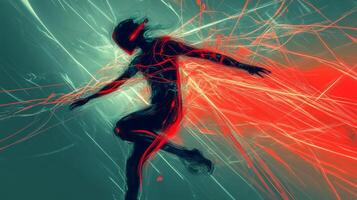 Futuristic human figure illuminated with glowing red lines, evoking a cybernetic theme in a digital landscape at dusk photo