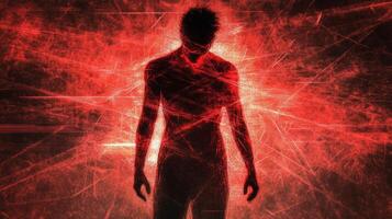 Futuristic digital art of a human figure enveloped by glowing red lines, embodying a cyber theme in a dynamic abstract composition photo