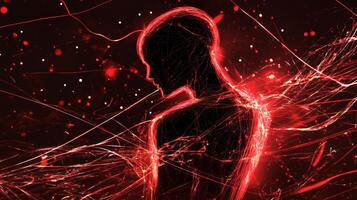 Futuristic abstract art depicting a human figure illuminated by glowing red lines in a cyber-themed environment photo