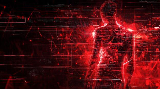 Futuristic human figure enveloped in glowing red lines within a cybernetic landscape photo