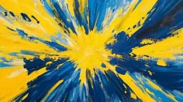 Dynamic explosion of yellow and blue lines radiating from the center evokes a sense of vibrant energy and movement in abstract art photo