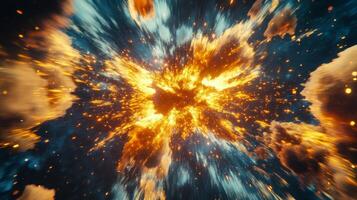 Dynamic explosion of vibrant yellow and blue lines radiating from the center with high energy and movement in a colorful display photo