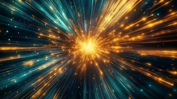 Dynamic burst of yellow and blue lines radiating from a central point, creating an energetic and abstract visual display photo