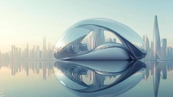 Futuristic glass infinity structure reflecting modern cityscape in early morning light with sleek architectural design photo
