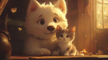 Adorable puppy and kitten cuddle together in soft lighting, showcasing their playful bond in a cozy indoor setting photo