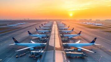 Aerial view of a vast modern international airport at sunrise with planes lined up on the runway, ready for departure photo