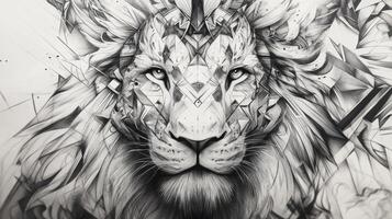 Intricate black and white sketch of a lion's face featuring geometric shapes, symbolizing majesty and power in tattoo artistry photo