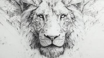 Intricate black and white sketch of a lion's face featuring geometric designs, emphasizing its majestic power in a tattoo-inspired style photo
